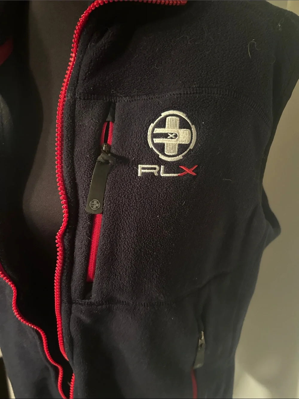 RLX Ralph Lauren Navy Vest with Red Zip Trim
